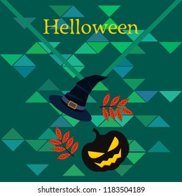 halloween autumn pumpkin fallen leaves, pumpkin and witch hat vector