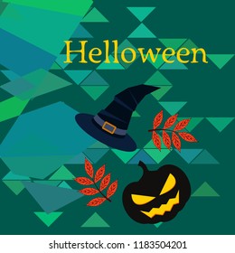 halloween autumn pumpkin fallen leaves, pumpkin and witch hat vector