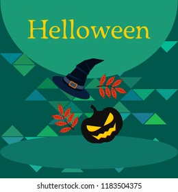 halloween autumn pumpkin fallen leaves, pumpkin and witch hat vector