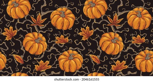 Halloween autumn seamless pattern with pumpkin, branchs and orange foliage for happy halloween background or october design