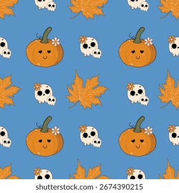 Dia das Bruxas Autumn Seamless Pattern. Padrão contínuo com abóboras, crânios e folhas de outono. Perfeito para papel de embrulho de Halloween, têxteis e desenhos sazonais.