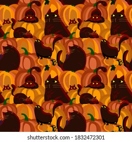 Halloween Autumn Seamless Pattern.Endless Bright Background with Cute Cats and Pumpkins.All Saint Day Banner.Sly Tricky Cat Greeting Card.Happy Halloween.Ghost Textile Print.Spooky Vector Illustration