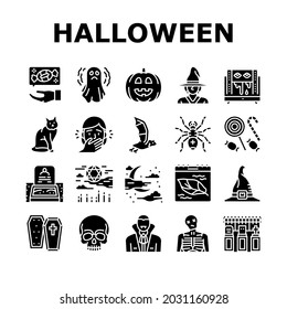 Halloween Autumn Season Holiday Icons Set Vector. Halloween Pumpkin And Scary Skull Decoration, Witch And Vampire, Coffin And Grave, Bat And Spider Decorative Ornament Glyph Black Illustrations