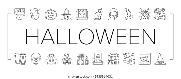Halloween Autumn Season Holiday Icons Set Vector. Halloween Pumpkin And Scary Skull Decoration, Witch And Vampire, Coffin And Grave, Bat And Spider Decorative Ornament Black Contour Illustrations