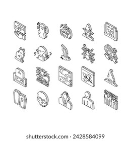 Halloween Autumn Season Holiday isometric icons set. Halloween Pumpkin And Scary Skull Decoration, Witch And Vampire, Coffin And Grave, Bat And Spider Decorative Ornament Line. Color .