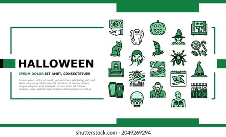 Halloween Autumn Season Holiday Landing Web Page Header Banner Template Vector. Halloween Pumpkin And Scary Skull Decoration, Witch And Vampire, Coffin And Grave, Bat And Spider Illustration
