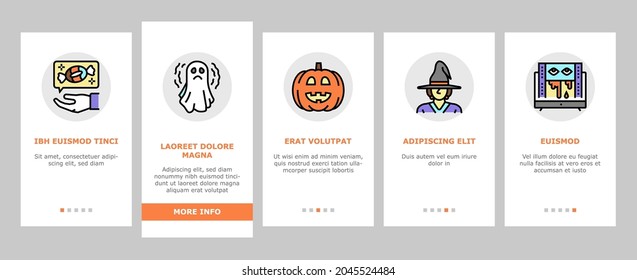 Halloween Autumn Season Holiday Onboarding Mobile App Page Screen Vector. Halloween Pumpkin And Scary Skull Decoration Witch Vampire, Coffin And Grave, Bat And Spider Decorative Ornament Illustrations