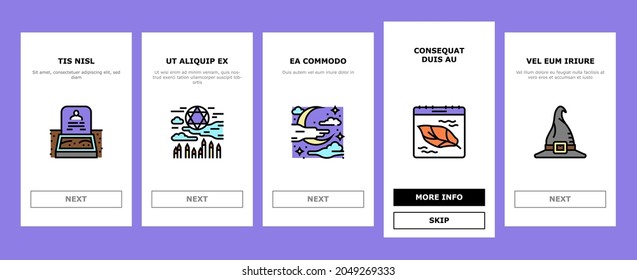 Halloween Autumn Season Holiday Onboarding Mobile App Page Screen Vector. Halloween Pumpkin And Scary Skull Decoration Witch Vampire, Coffin And Grave, Bat And Spider Decorative Ornament Illustrations