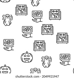 Halloween Autumn Season Holiday Vector Seamless Pattern Thin Line Illustration