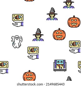 Halloween Autumn Season Holiday Vector Seamless Pattern Thin Line Illustration