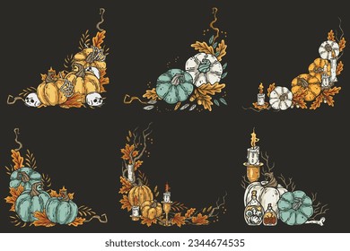 Halloween autumn set of corners with pumpkin and leaves. Happy halloween composition for poster design. Festive invitation and postcard