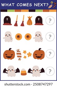 Halloween Autumn simples o que vem a próxima planilha de atividade correspondente para crianças pré-escolares. Símbolo de elementos assustadores para crianças. Quebra- cabeça educacional, continuar a linha de padrões