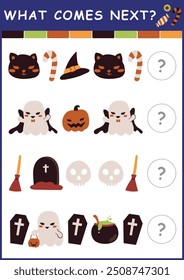 Halloween Autumn simples o que vem a próxima planilha de atividade correspondente para crianças pré-escolares. Símbolo de elementos assustadores para crianças. Quebra- cabeça educacional, continuar a linha de padrões