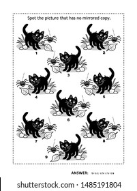 Halloween or autumn themed visual puzzle with black cats and spiders. Match the mirrored copies. Spot the odd one out. Answer included.