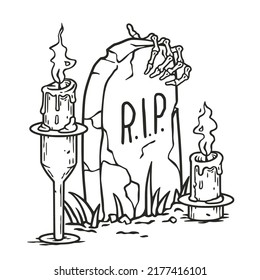 Halloween autumn tombstone, skeleton and candle. October composition for postcard or poster