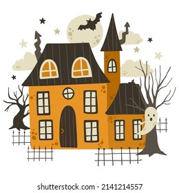 Halloween autumn vector illustration with house, ghost, fence, trees, bats and moon on white background