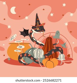 Halloween autumn witch snake with pumpkins, mushroom and cauldron on red background. The symbol of the year. Spooky Vector illustration cartoon magic creature character