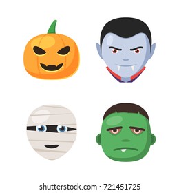 Halloween avatar faces set. Green monster, mummy, vampire and pumpkin. Vector illustration in cartoon style isolated on white background