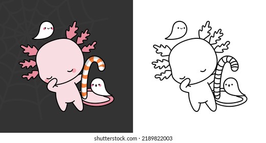 Halloween Axolotl Clipart for Coloring Page and Illustration. Adorable Clip Art Halloween Animal. Cute Vector Illustration of a Kawaii Animals for Halloween Stickers.
