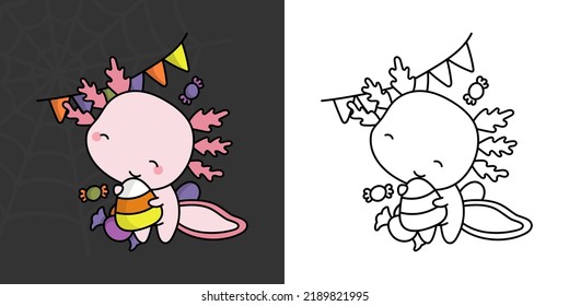 Halloween Axolotl Clipart Multicolored and Black and White. Beautiful Clip Art Halloween Animal. Cute Vector Illustration of a Kawaii Halloween Animals with Sweets.
