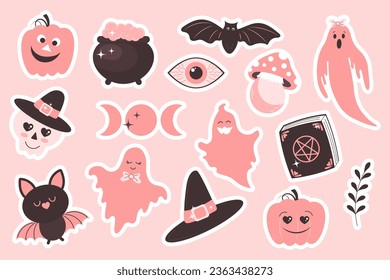 Halloween baby set with pink elements. Halloween stickers, ghosts, bats, magic pot, moon, pumpkins, eye, book and skull. Cartoon design in flat style. Vector