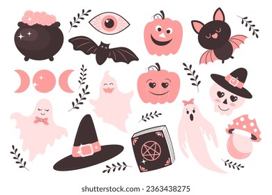 Halloween baby set with pink elements. Halloween stickers, ghosts, bats, magic pot, moon, pumpkins, eye, book and skull. Cartoon design in flat style. Vector