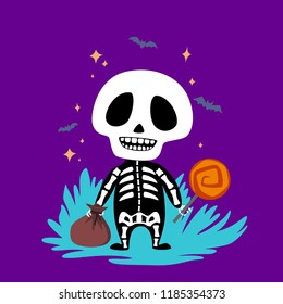 Halloween baby skeleton with candy. Vector design for prints, tshirts, party posters and banners.