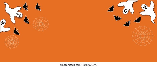 Halloween backdrop with cute ghosts and flying bats and not forgetting spider webs