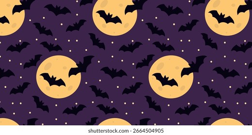 Halloween Backdrop with Full Moon and Black Bats Seamless Pattern on violet Background Banner Format