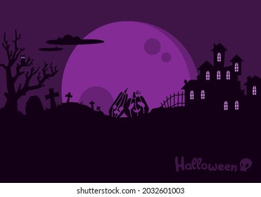 Halloween Backdrop Pumpkins In Graveyard In The Spooky Night, Cartoon Illustration, Mystical Castle Courtyard Dark Background. Vector art