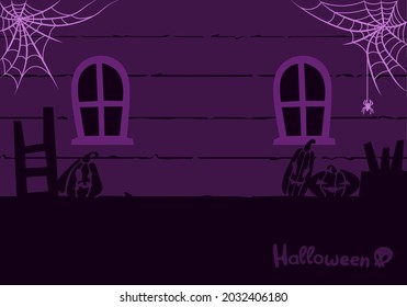 Halloween Backdrop Pumpkins In Old Attic With Cobwebs and Spiders In The Spooky Night, Cartoon Illustration, Mystical Dark Background. Vector art