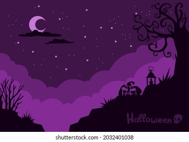 Halloween Backdrop Pumpkins In The Spooky Starlight Night, Cartoon Illustration, Mystical Dark Background. Vector art