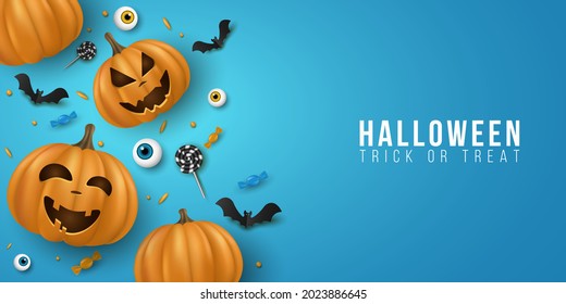 Halloween background with 3d emotional cartoon smiling pumpkins and decorative eyes, sweets, lollipops, bats. Holiday design for cover, banner or party invitation. EPS 10