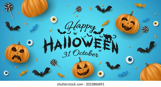 Halloween background with 3d emotional cartoon smiling pumpkins. Decorative eyes, sweets, lollipops. Horror lettering with bats, cat and spider. Holiday design for cover, banner or party invitation