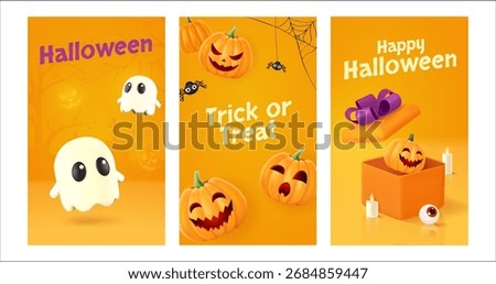 Halloween background with 3d ghost, Jack O Lantern pumpkin, bats and 3d gift box. Greeting card for party and sale.