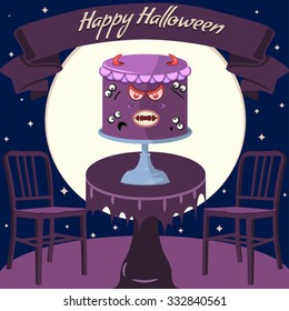 Halloween background with angry spooky devil eye cake and moon on the back. Event poster, greeting card, part of game design. 