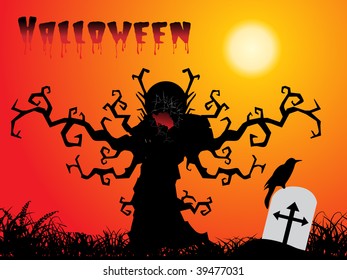 halloween background with artistic tree, crow on grave