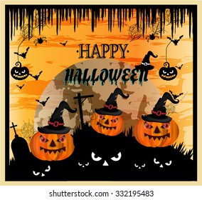 Halloween background, backdrop, poster, card with orange, big, smiling pumkins, moon, black spiders, bats, spider webs, old hats, gallows, text Happy Halloween