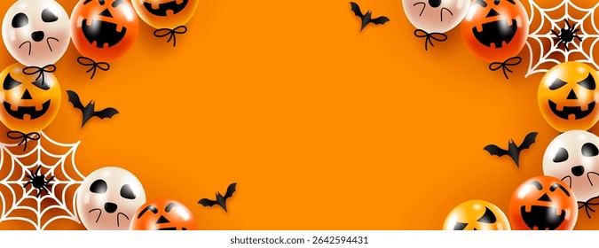 Halloween background with balloons bats  spiders and space for text, suitable for festive designs, invitations, posters, and social media posts.