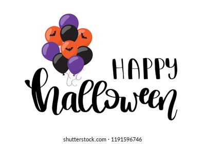 Halloween Background with Balloons Decorations. Vector Illustration with lettering text Happy Halloween. Party Invitation Concept in Traditional Violet, Orange and Black Colors. Trick or Treat card.