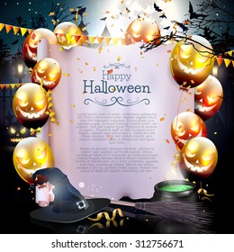 Halloween background with balloons and empty paper.