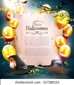 Halloween background with balloons and empty paper.
