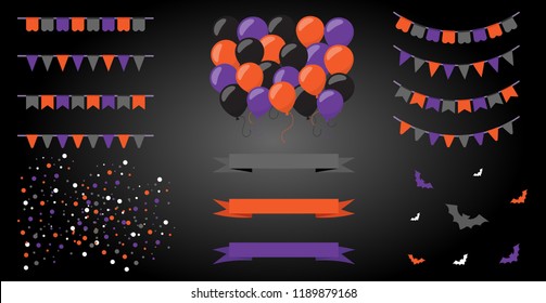 Halloween Background with Balloons and Flag Garlands Decorations. Vector Illustration. Party Invitation Concept in Traditional Colors. Place for your Text. Holiday Menu Design. Trick or Treat.