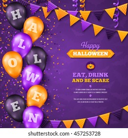 Halloween Background with Balloons and Flag Garlands Decorations. Vector Illustration. Party Invitation Concept in Traditional Colors. Place for your Text. Holiday Menu Design. Trick or Treat.