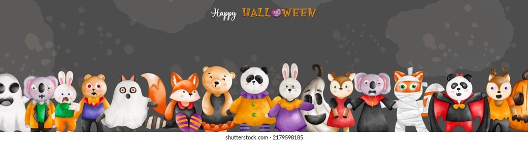 Halloween background banner. Animals in Halloween costumes for Halloween holiday
