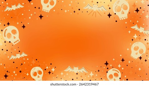 Halloween background banner with a border of cute illustrated skulls and bats. Bright orange gradient design with central copy space for text and design. Vector format for flexibility.