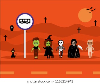 Halloween background banner, characters are waiting for the bus to the party 