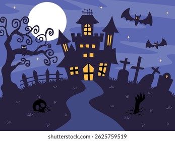Halloween background or banner concept with castle, graveyard and bats. Vector illustration.