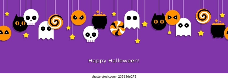 Halloween background or banner design with decorative seamless pattern. Cute ghost, pumpkin, cat head, skull, cauldron and candy round icon, sign, symbol.