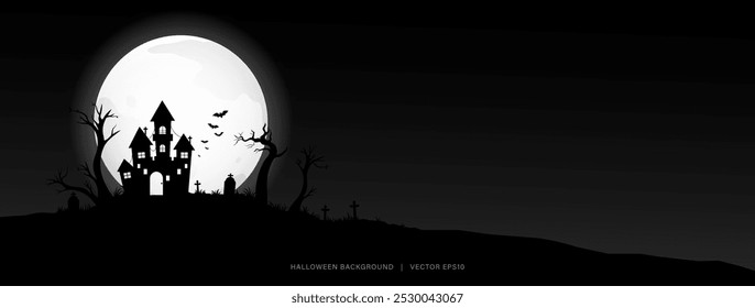 Banner de fundo de Halloween com silhueta casa assombrada e lua cheia, ilustração vetorial 